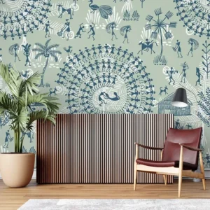 Traditional Warli Harmony Wallpaper for Living Room
