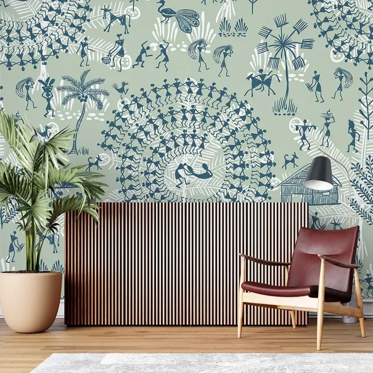 Traditional Warli Harmony Wallpaper for Living Room