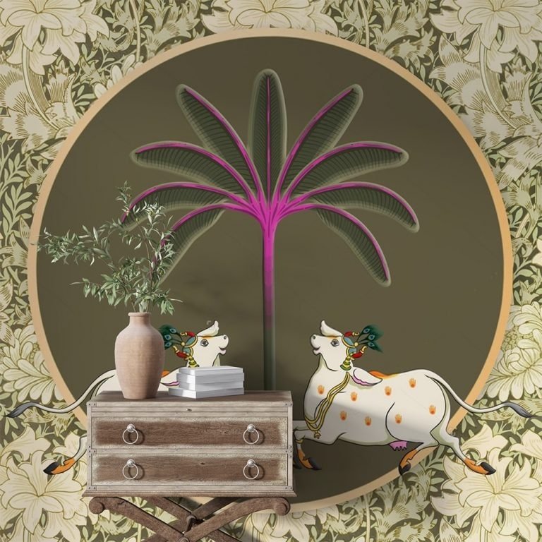 Twin Cows Violet Palm Pichwai Mural
