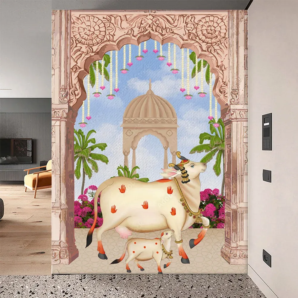 Pichwai Cow Blue 3D Wallpaper